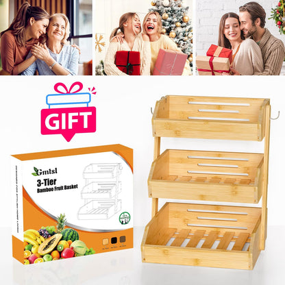 Gmtsl Bamboo Fruit Basket for Kitchen – 3 Tier Fruit Bowl For Kitchen Counter, Large Fruit Holder With 2 Banana Hangers, Idea For Fruit and Vegetable Storage, Bread Basket, Snack Organizer(BLACK)