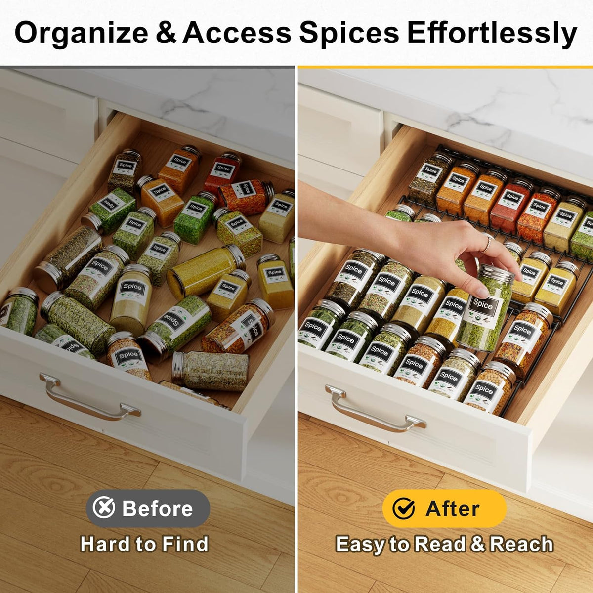 iSPECLE Spice Drawer Organizer, 2-Tier Low Profile Spice Rack Insert for Kitchen Drawers, Fits 15"–30" Wide Drawers, Keeps Labels Visible, No Slip No Rattle, Oil-Resistant Carbon Steel, Black