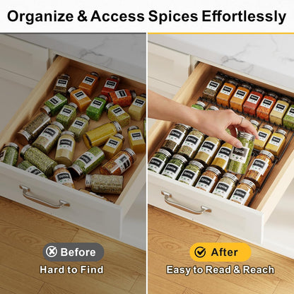 iSPECLE Spice Drawer Organizer, 2-Tier Low Profile Spice Rack Insert for Kitchen Drawers, Fits 15"–30" Wide Drawers, Keeps Labels Visible, No Slip No Rattle, Oil-Resistant Carbon Steel, Black