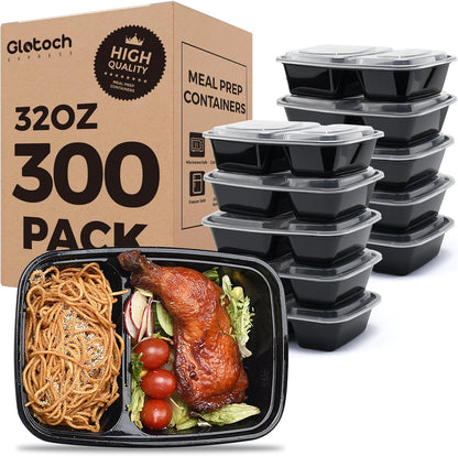 50 Pack (100-Piece) 32 oz Sturdy Leakproof 2-Compartment Meal Prep Containers with Lids, Plastic Food Storage Containers for Lunch, Microwave, Freezer, and Dishwasher Safe Takeout Containers