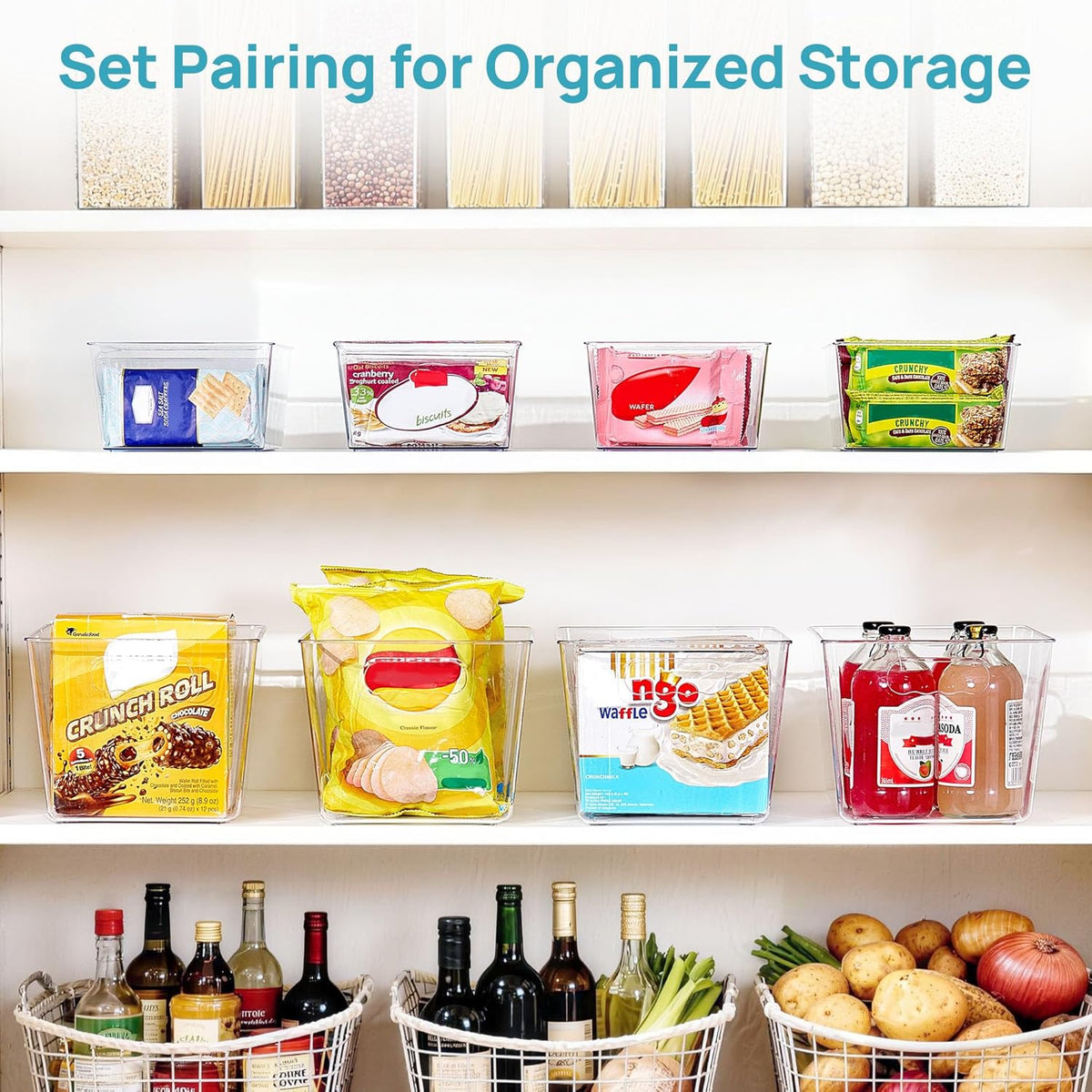Vtopmart 8 Pack Clear Plastic Storage Bins Set, 4 Large Pantry Organizer Bins with Lids & Handles and 4 Medium Snack Organizer Bins with 4-Compartment for Pantry, Kitchen, Fridge, Cabinet Organization