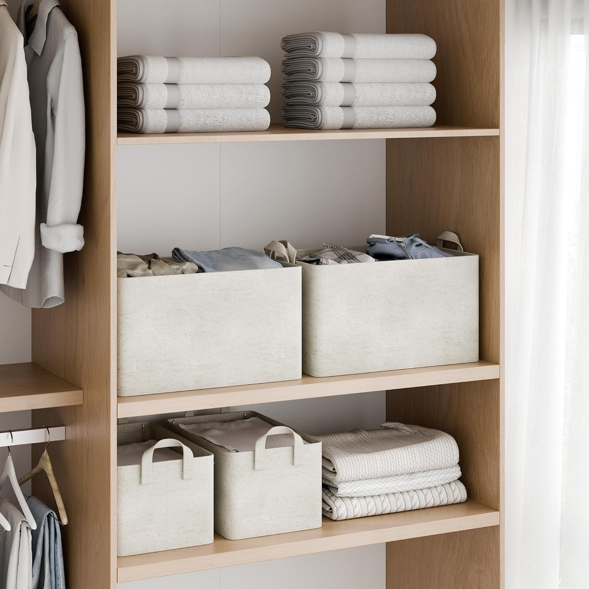StorageWorks Storage Bins, Shelves Baskets for Organizing, Fabric Closet Organizers with Handles, Metal Frame, Beige-Cotton-linen, 2-Pack