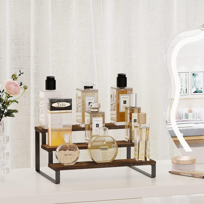 YINMIT Wooden Display Riser Stand, Tiered Perfume and Cologne Organizer Stand, 4 Tier Spice Rack Organizer, Rustic Display Shelf for Candles (4 Tier)