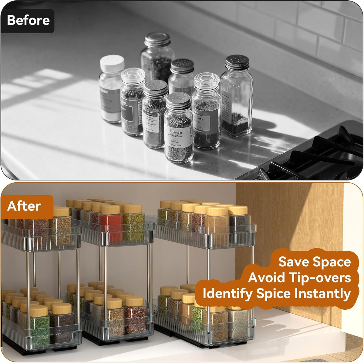 Pull Out Spice Rack Organizer for Cabinet, Slide Out Spice Racks Organizer, Spice Cabinet Organizers, Cabinet Size Need:12'' Highx11'' Deepx5'' Wide,Hold 10 Spice Jar Each Tier-2Tier, Black