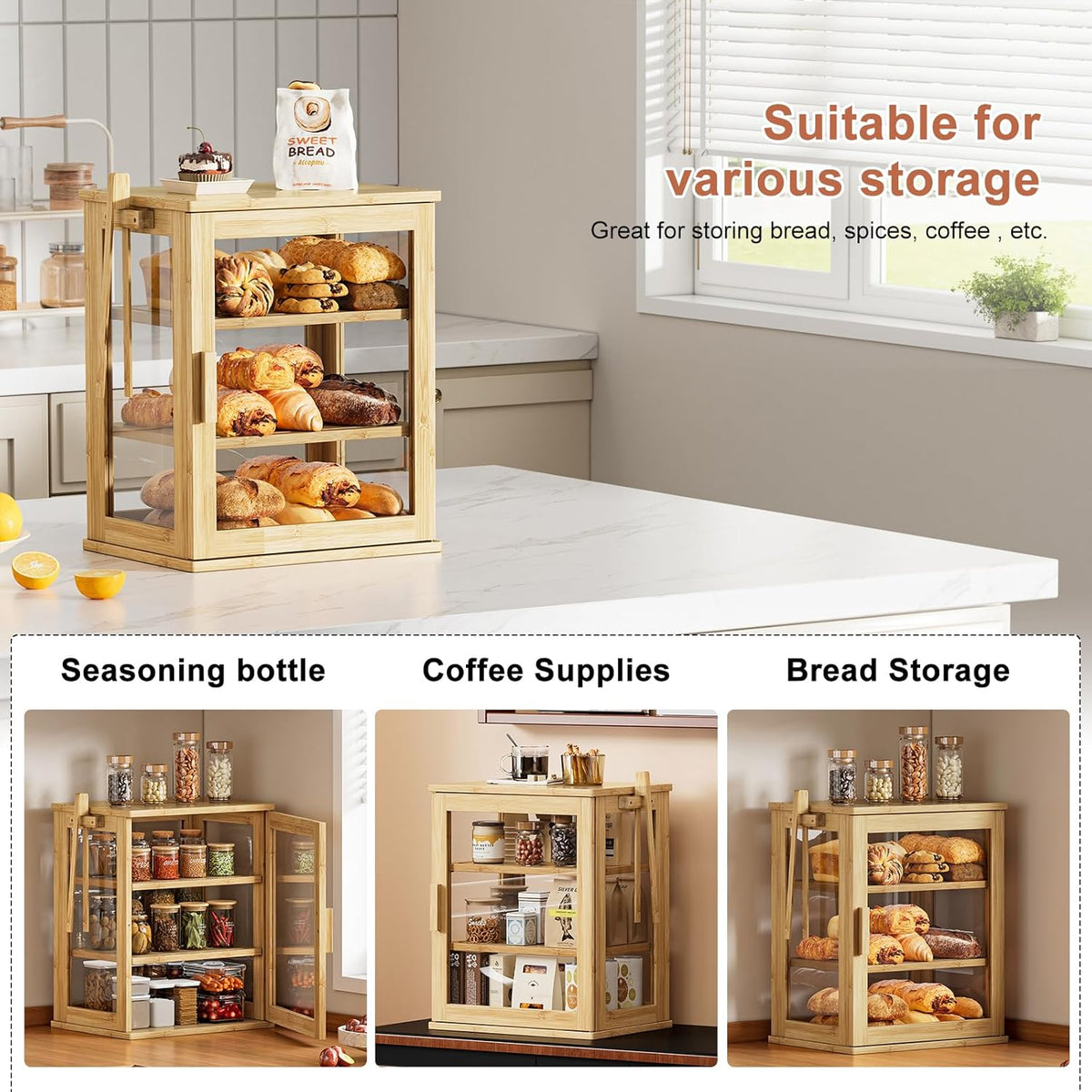 WOWLIVE Black Bread Box for Kitchen Countertop, Large 3 Layers Bread Storage Container for Homemade Bread with Window, Farmhouse Breadbox Organizer for Kitchen, Cabinet, Pantry (Black, Meduim)