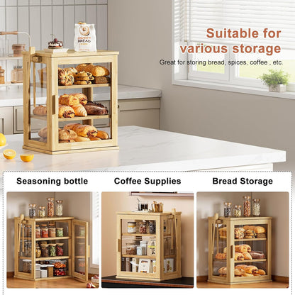 WOWLIVE Black Bread Box for Kitchen Countertop, Large 3 Layers Bread Storage Container for Homemade Bread with Window, Farmhouse Breadbox Organizer for Kitchen, Cabinet, Pantry (Black, Meduim)