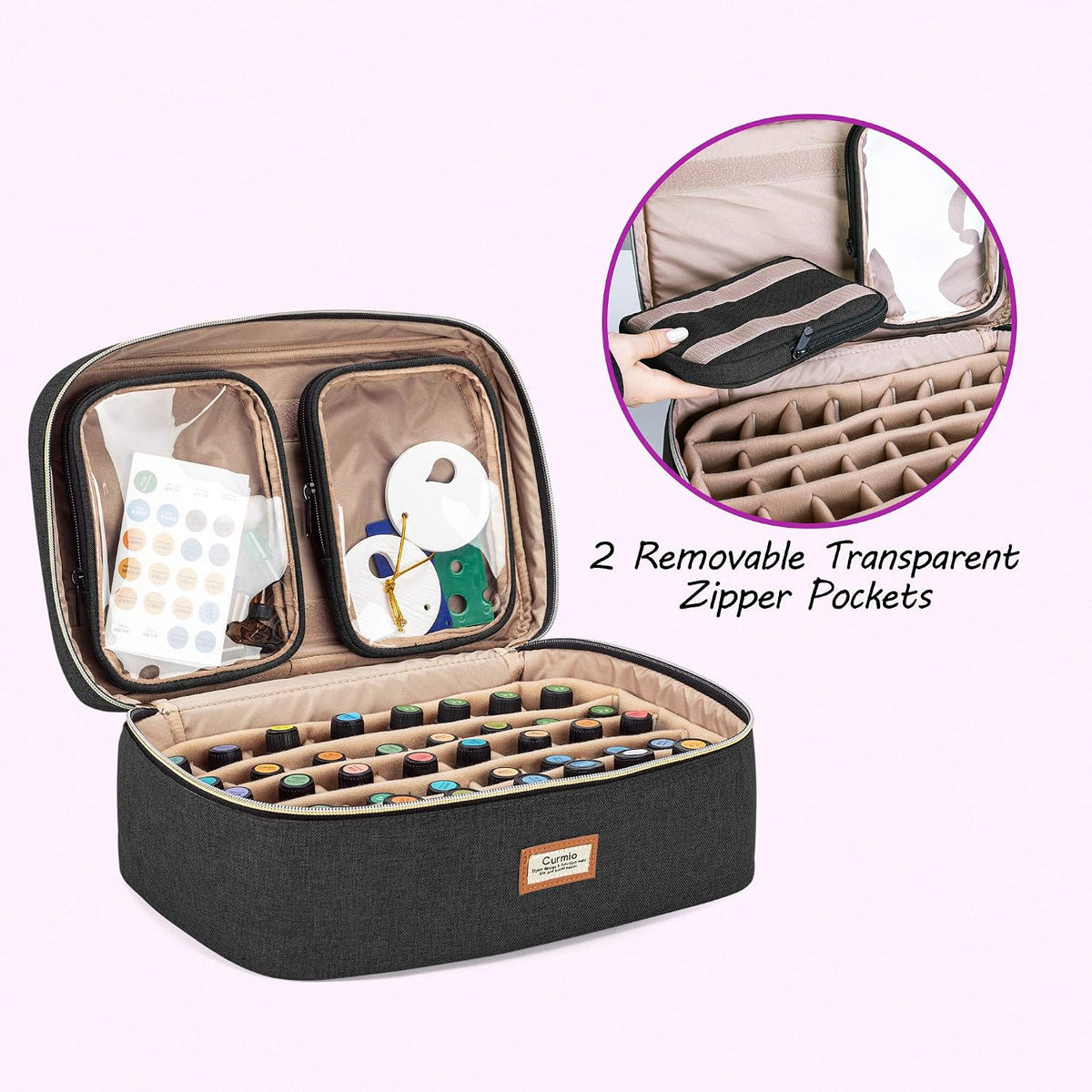 CURMIO Essential Oil Storage Case for 40 Bottles (5ml-30ml), Essential Oils Organizer Case with 2 Detachable Visible Pouches and Portable Handle, Patented Design, Gray (Bag Only)