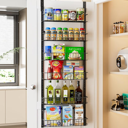 Delamu Adjustable Cabinet Door Organizer, 6-Tier Hanging Spice Rack Organizer, Metal Over the Door Pantry Organizer, Pantry Organizers and Storage Shelves for Kitchen Bathroom Laundry Room, White M