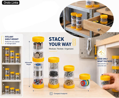 Small Footprint Stackable Screw Container, Stack Any Number & Grab Only the Cup You Need, 12 Cups & 9 Lids Modular Small Parts Storage Containers for Screws, Nuts, Bolts & Fasteners, Oroto Linka