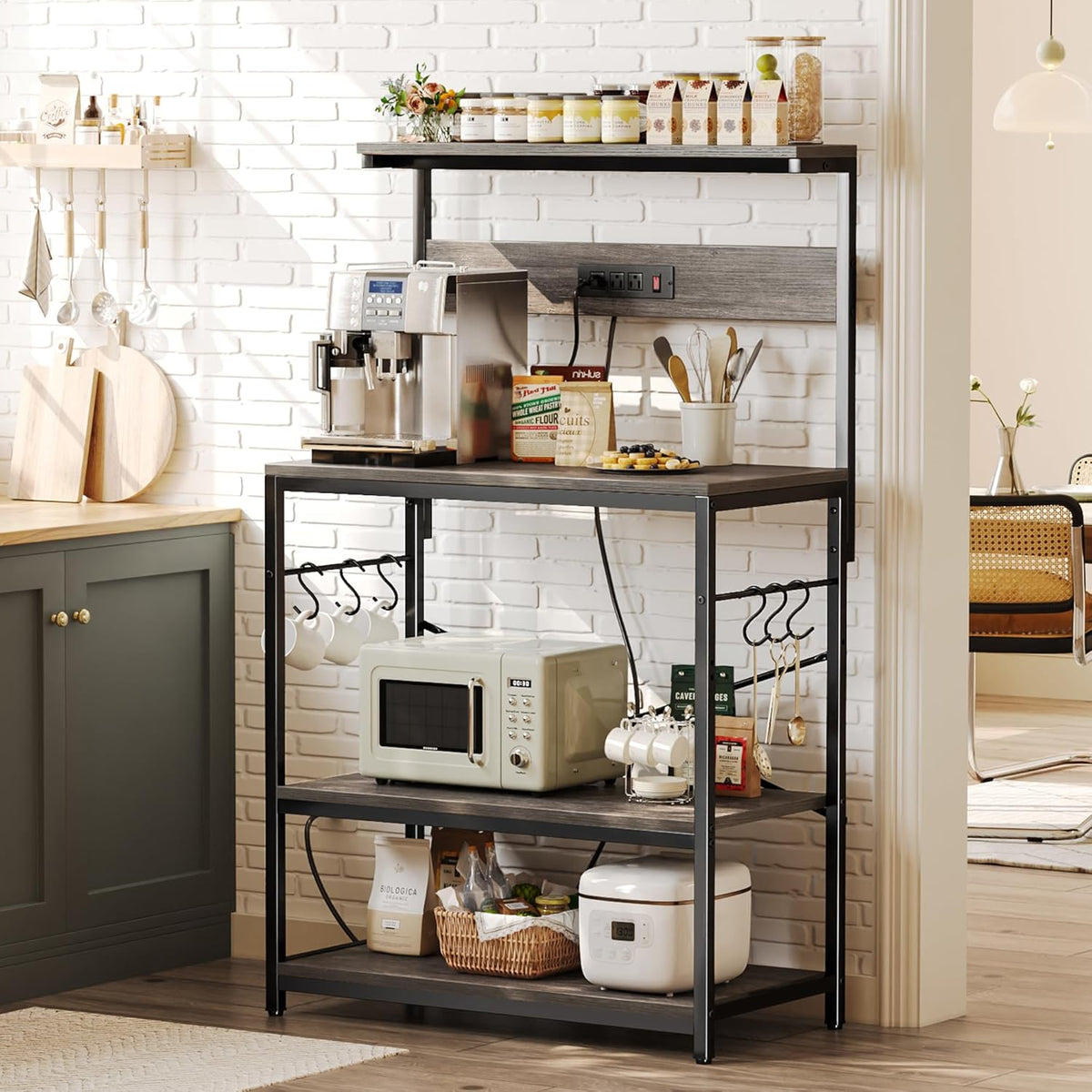 SUPERJARE Kitchen Bakers Rack with Power Outlet, Coffee Bar Table 4 Tiers, Kitchen Microwave Stand with 6 S-shaped Hooks, Storage Shelf Rack for Spices, Pots and Pans - Rustic Brown