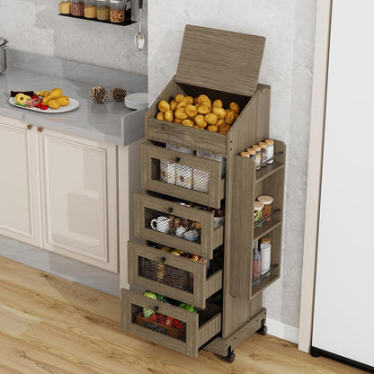 ARTETHYS Potato and Onion Storage Bin for Pantry 5-Tier Rolling Fruit and Vegetable Organizer with Spice Rack on Wheels Movable Large Bread Box Cabinet with 4 Ventilated Drawers for Kitchen, Rustic