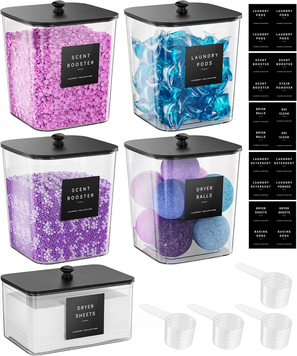 4 Pack Laundry Pods Container, Clear Laundry Room Organization Containers Essentials, Large Detergent Powder Storage Containers Black Wooden Lids & Labels Signs, Home Acrylic Laundry Pods Holder