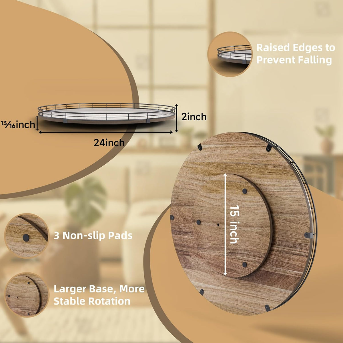 Acacia Wood 13" Lazy Susan Turntable Organizer for Table Top, Farmhouse Round Wooden Lazy Susan for Cabinet Kitchen Centerpieces Coffee Table, for Condiments Spices, Bathroom Vanity Tray Decor
