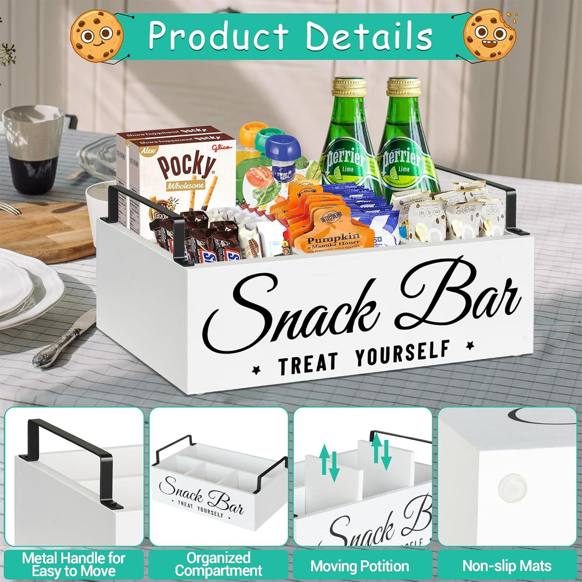 Snack Organizer for Countertop, Wood Pantry Storage Bins with Handles, Snack Bar Organizer for Kitchen, Office, 4 Compartment Food Container Snack Box with Drawer, Pantry Organizer for Chips, Candy