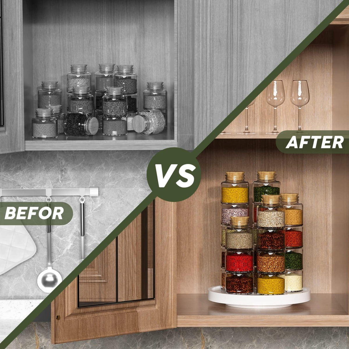 Lazy Susan Organizer, 10 Inch Non-Skid Bamboo Turntable Organizer for Salt Pepper Olive Oil and Spices Next to Stove, Wooden Lazy Susan for Table or Kitchen Countertop Organizer