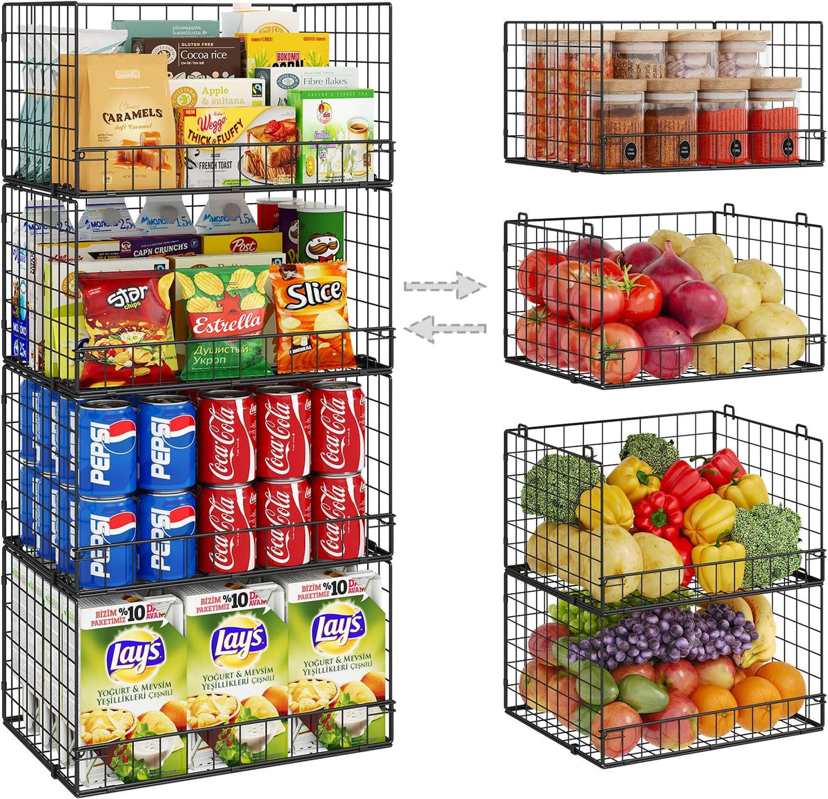 4 Pack Stackable Wire Baskets for Pantry Organizers and Storage, Pantry Baskets with Fixed Wooden Top, Fruit and Vegetable Storage Bins for Organizing Onion Potato Snack for Kitchen Cabinet/Countertop