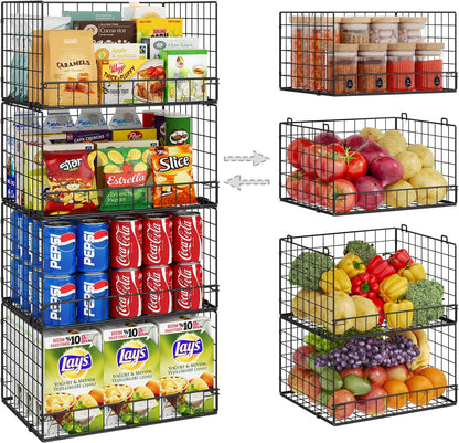 4 Pack Stackable Wire Baskets for Pantry Organizers and Storage, Pantry Baskets with Fixed Wooden Top, Fruit and Vegetable Storage Bins for Organizing Onion Potato Snack for Kitchen Cabinet/Countertop