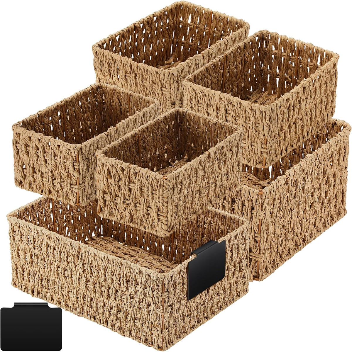 Marsui 6 Pcs Wicker Storage Baskets with Labels Handwoven Multi-size Brown Wicker Storage Bins for Organizing Small Baskets Container for Shelves Closet Pantry Toilet(Brown )