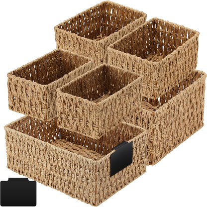 Marsui 6 Pcs Wicker Storage Baskets with Labels Handwoven Multi-size Brown Wicker Storage Bins for Organizing Small Baskets Container for Shelves Closet Pantry Toilet(Brown )