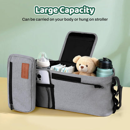 Guiseapue Universal Stroller Organizer with Cup Holder: Baby Essentials, Stroller Caddy Accessories with Detachable Phone Bag, Non-Slip Straps, Fits for Uppababy, Baby Jogger, New Moms Baby Gifts