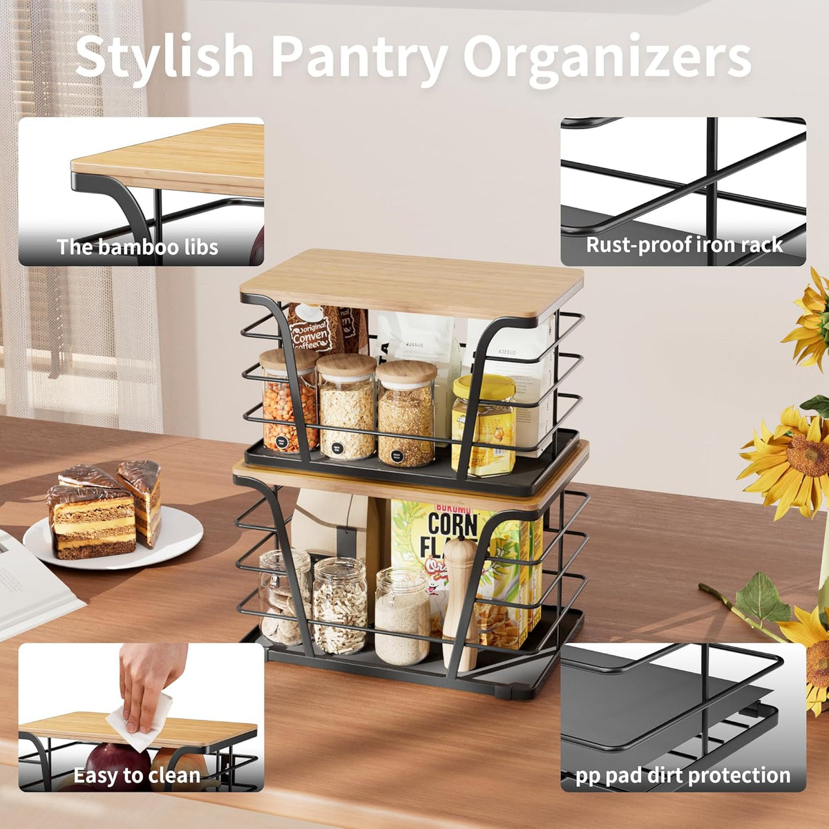 2 Pack Potato and Onion Storage Bins, Stackable Kitchen and Pantry Organizer with Bamboo Top & Lightweight PP Mat, for Vegetables, Fruit, Onion, Potato, Garlic - Pantry, Kitchen Storage Bins (Black)