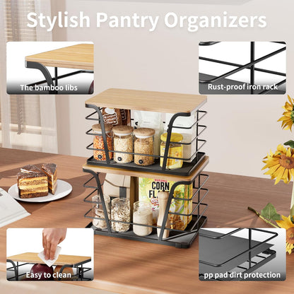 2 Pack Potato and Onion Storage Bins, Stackable Kitchen and Pantry Organizer with Bamboo Top & Lightweight PP Mat, for Vegetables, Fruit, Onion, Potato, Garlic - Pantry, Kitchen Storage Bins (Black)