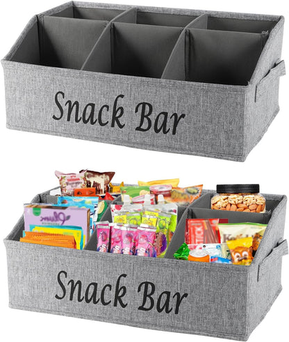 Snack Organizer for Countertop, Trapezoid Fabric Snack Bin Holder with Side Handles, 6 Compartment Snack Basket Container, Lightweight Snack Bar Station Organizer, Kitchen Pantry Storage-Black