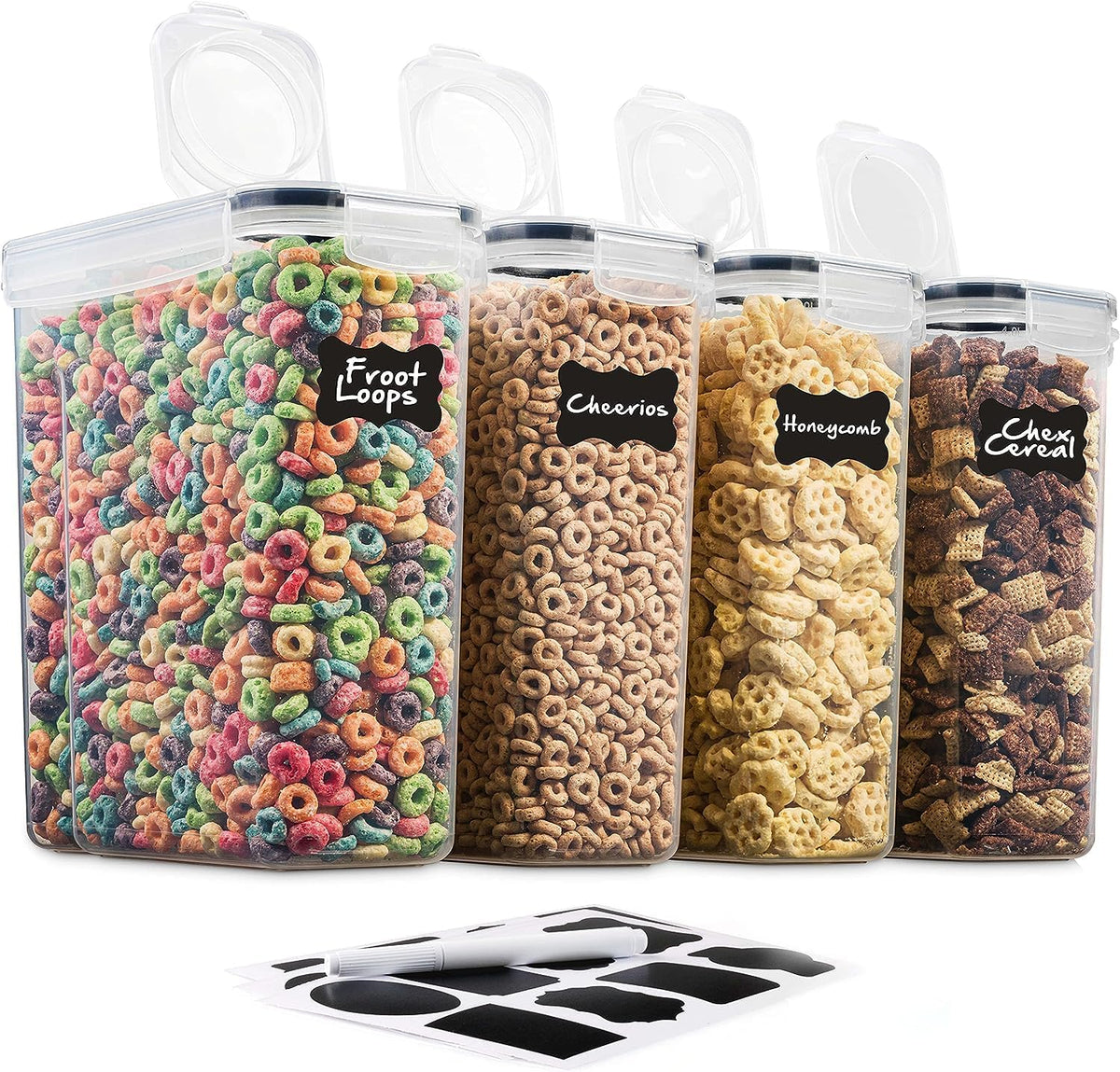 4 Pack Airtight Cereal & Dry Food Storage Container - BPA Free Plastic Kitchen and Pantry Organization Canisters for, Flour, Sugar, Rice, Nuts, Snacks, Pet Food & More (4L, 16.9 Cup, 135.5 Ounce