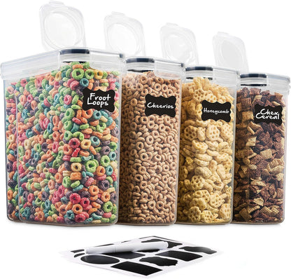 4 Pack Airtight Cereal & Dry Food Storage Container - BPA Free Plastic Kitchen and Pantry Organization Canisters for, Flour, Sugar, Rice, Nuts, Snacks, Pet Food & More (4L, 16.9 Cup, 135.5 Ounce