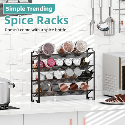 Simple Trending 4 Tier Spice Rack Organizer,Stackable Kitchen Counter Shelves,for Cabinet,Countertop,Pantry, Door or Wall Mount, Metal Mesh,Jars not Included, Black