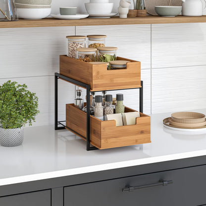 Seville Classics Bamboo Premium Organizer Storage Bins for Kitchen Silverware, Pantry, Closet, Office Desk, Pens, Utensils, Makeup, K Cup, Bamboo, Bag Holder Bin Set