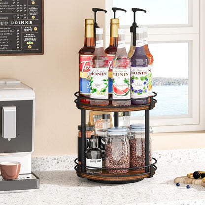 Snughome Rotating Spice Rack, 2 Tier Lazy Susan Organizer, Wood Kitchen Countertop Organizer, Brown Lazy Susan Turntable for Cabinet, 10.2" x 10.2" x 10.4"