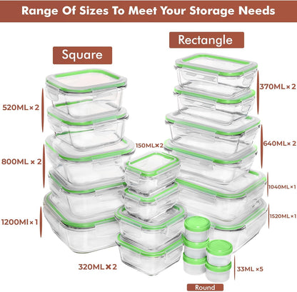 Razab 35 Pc Set Glass Food Storage Containers with Lids - Meal Prep Airtight Bento Boxes BPA-Free 100% Leak Proof (15 lids,15 glass & 5 Plastic Sauce/Dip Containers)
