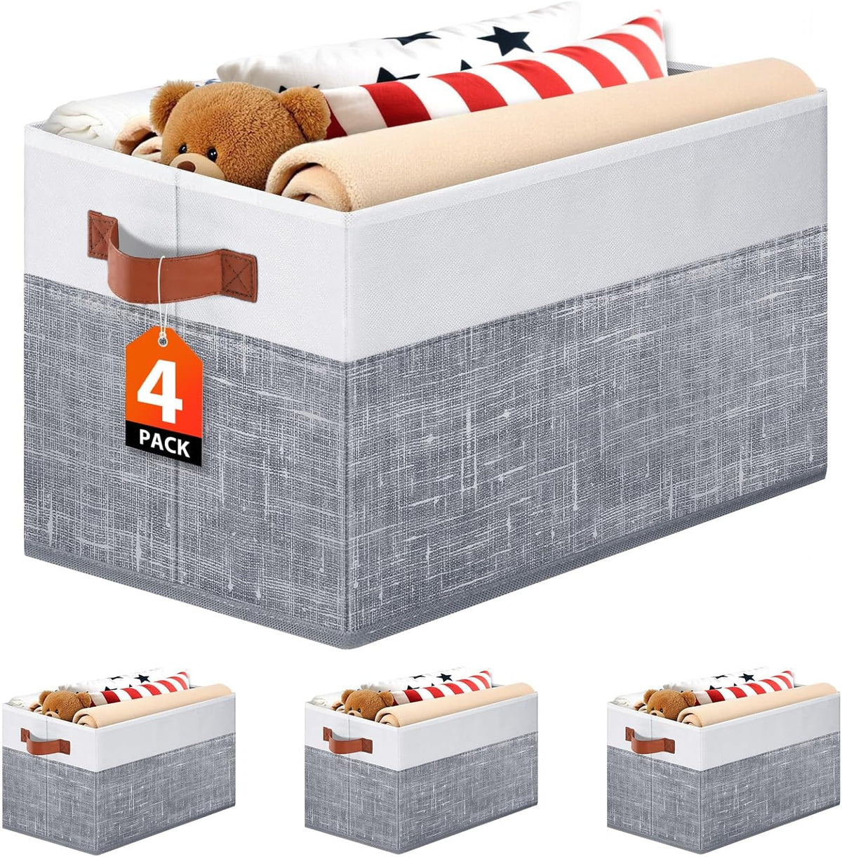 Fab totes Collapsible Storage Baskets for Shelves,14"x10", Foldable Fabric Storage Bins with Double Leather Handles, Large Baskets for Organizing Books, Clothes, White & Grey