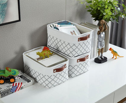 DECOMOMO Storage Bins, Large Fabric Storage Baskets for Shelves, Decorative Linen Closet Organizer, 15 x 11 x 9.5 inches (Beige & White, 3 Pack)