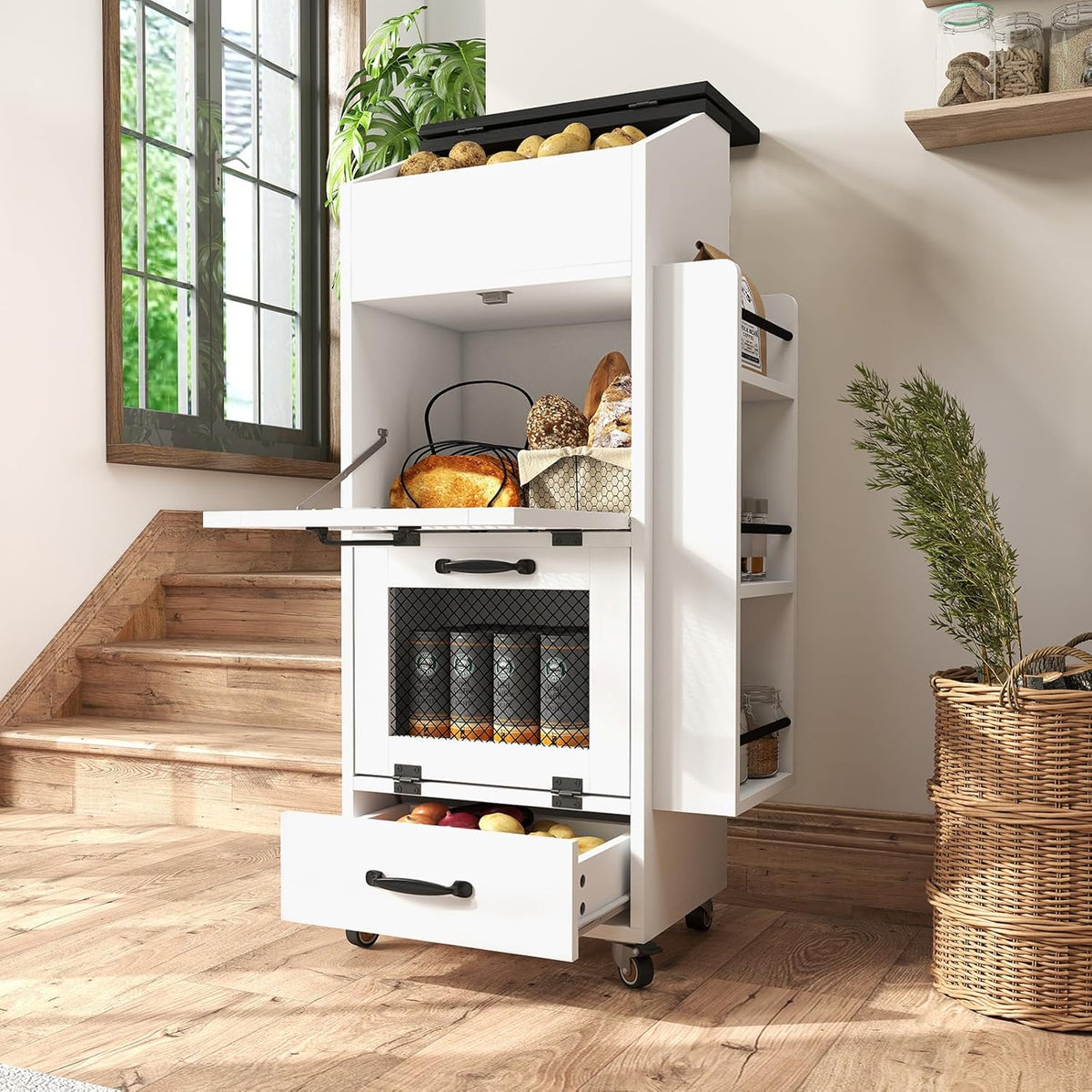 Verano Garden Potato and Onion Storage Bin on Wheels, Wood Bread Box with Lid & Mesh Doors, 4-Tier Rolling Fruit and Vegetable Storage Organizer w/Drawer & Side Rack for Kitchen (Rustic Brown, 16.0")