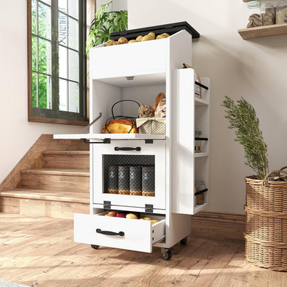 Verano Garden Potato and Onion Storage Bin on Wheels, Wood Bread Box with Lid & Mesh Doors, 4-Tier Rolling Fruit and Vegetable Storage Organizer w/Drawer & Side Rack for Kitchen (Rustic Brown, 16.0")