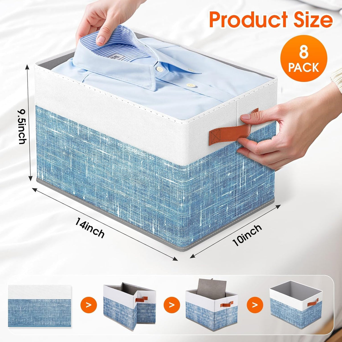 Fab totes Collapsible Storage Baskets for Shelves,14"x10", Foldable Fabric Storage Bins with Double Leather Handles, Large Baskets for Organizing Books, Clothes, White & Grey