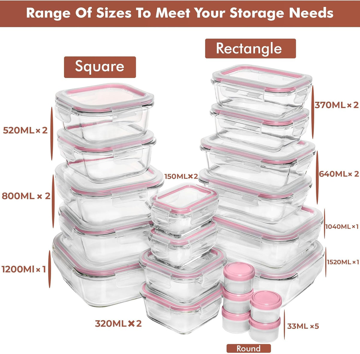 Razab 35 Pc Set Glass Food Storage Containers with Lids - Meal Prep Airtight Bento Boxes BPA-Free 100% Leak Proof (15 lids,15 glass & 5 Plastic Sauce/Dip Containers)