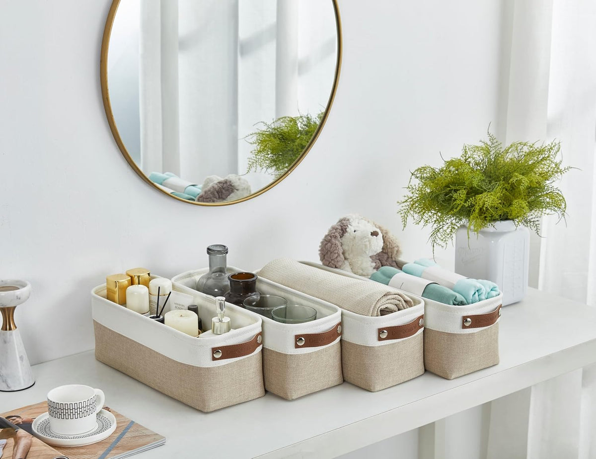 DECOMOMO Storage Bins, Large Fabric Storage Baskets for Shelves, Decorative Linen Closet Organizer, 15 x 11 x 9.5 inches (Beige & White, 3 Pack)