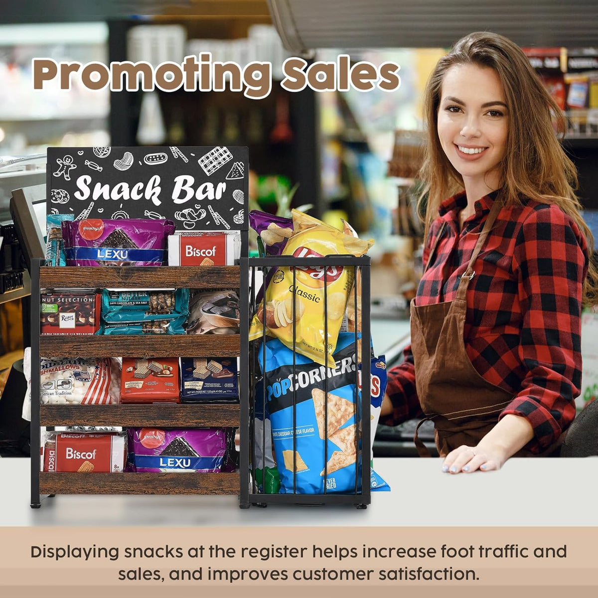 Poyilooo Candy Display Rack, 4 Tier Snack Display for Countertop,Wooden Counter Snack Organizer Frame Basket, Potato Chip Display Retail Display Shelf for Office, Store, Counter, Kitchen
