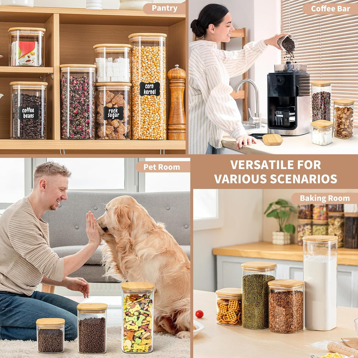 SENTVEND 37 Oz Glass Storage Jars with Bamboo Lids - 6 Pack Clear Glass Canisters Square Airtight Stackable Ideal for Pantry Storage Containers Organizers Great for Storing Oats Coffee Beans Nuts etc