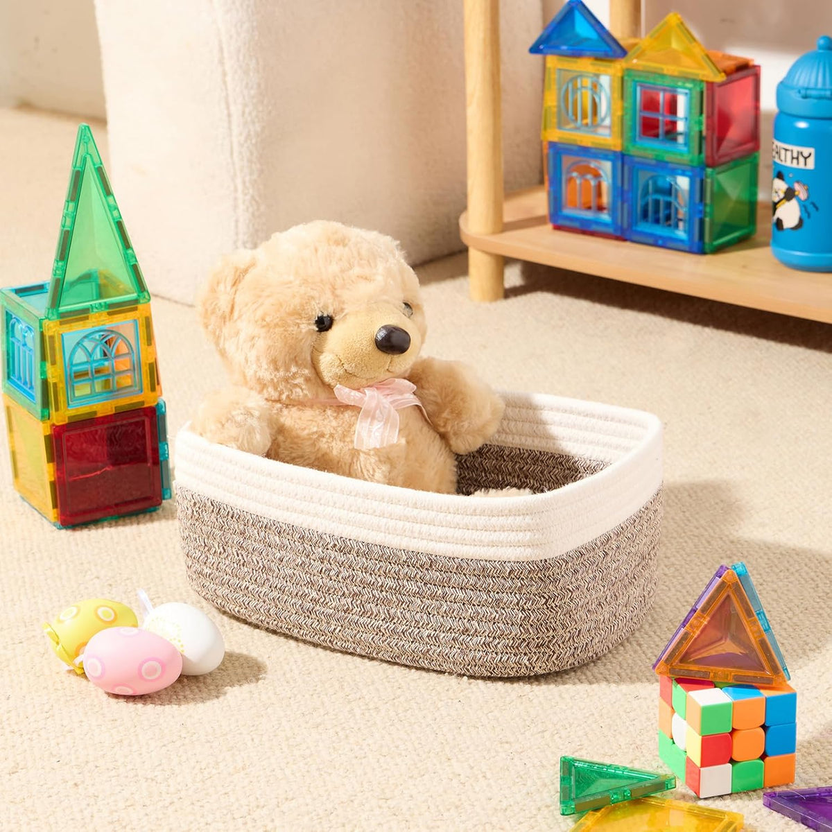 MiniArk Small Storage Baskets for Organizing | Closet Organizer Bins | Shelf Toy Basket | Woven Rope Baskets | Cube Decorative Box | Shallow Basket | L11.5xW7.5xH4.7| Brown