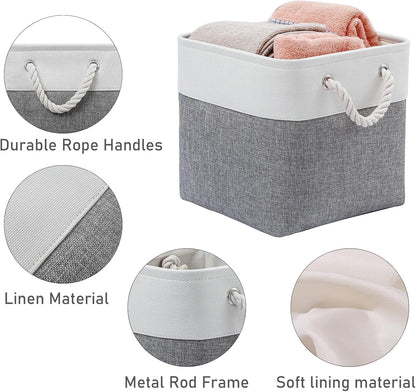 MidmmVick 13 x 13 Inch Cube Storage Bins, 6 Pack Extra Large Collapsible Fabric Storage Bin with Ropes, Foldable Storage Cubes for Home (White & Beige-13"x13"x13")