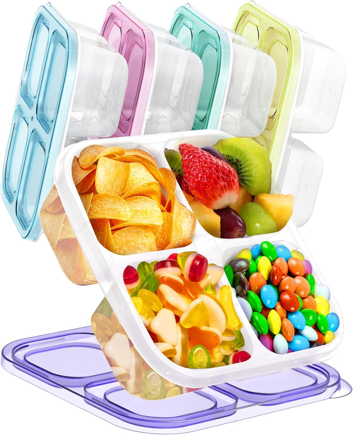 Canfanni 5 Pack Bento Snack Containers, 4 Compartment BPA-free Plastic Food Storage Containers, Divided Lunchable Container, Bento Lunch Box for Work and Travel