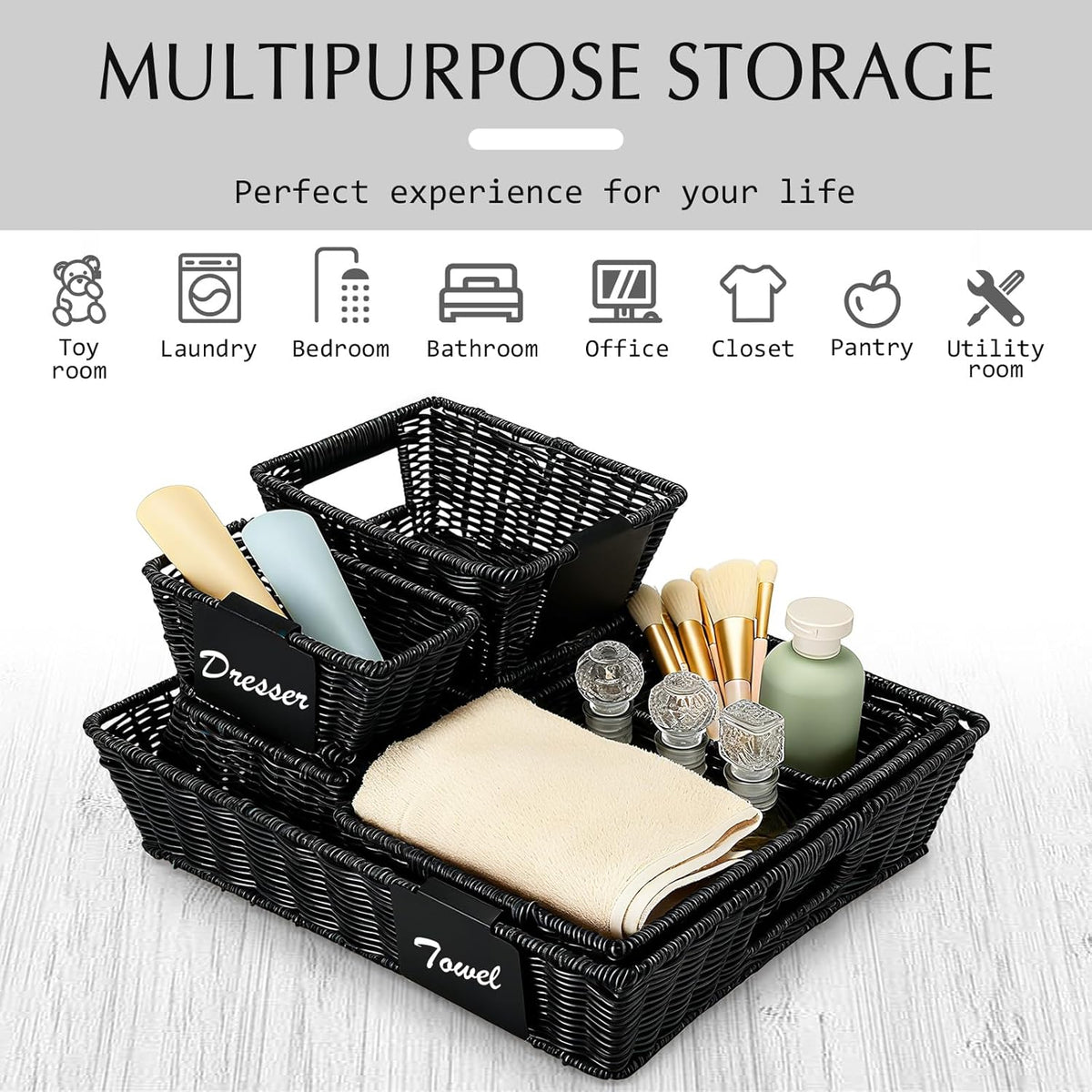 Marsui 9 Pcs Wicker Storage Baskets for Pantry Organization with Handle Labels Handwoven Multi-size Dark Brown Small Organizer Baskets Storage Bin Container for Shelves Closet Toilet Christmas Holiday