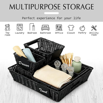 Marsui 9 Pcs Wicker Storage Baskets for Pantry Organization with Handle Labels Handwoven Multi-size Dark Brown Small Organizer Baskets Storage Bin Container for Shelves Closet Toilet Christmas Holiday