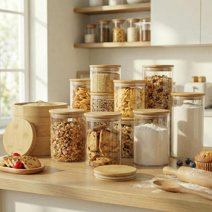 32oz - Glass Jars with Bamboo Lids, Glass Pantry Storage Containers with Airtight Lids, Round Air Tigh Food Storage Canisters for Cereal, Pasta, Flour, Sugar, Rice, Best for Kitchen Organizer