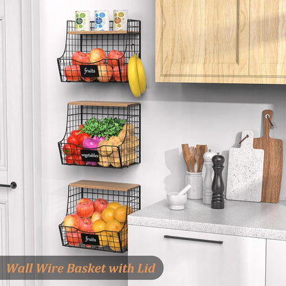 2 Set Stackable Wire Basket with Wooden Tops & Pad for kitchen organizers and storage, XXL Kitchen Counter Organizer for Fruit, Vegetable, Bread, Potato and Onion Storage Bin