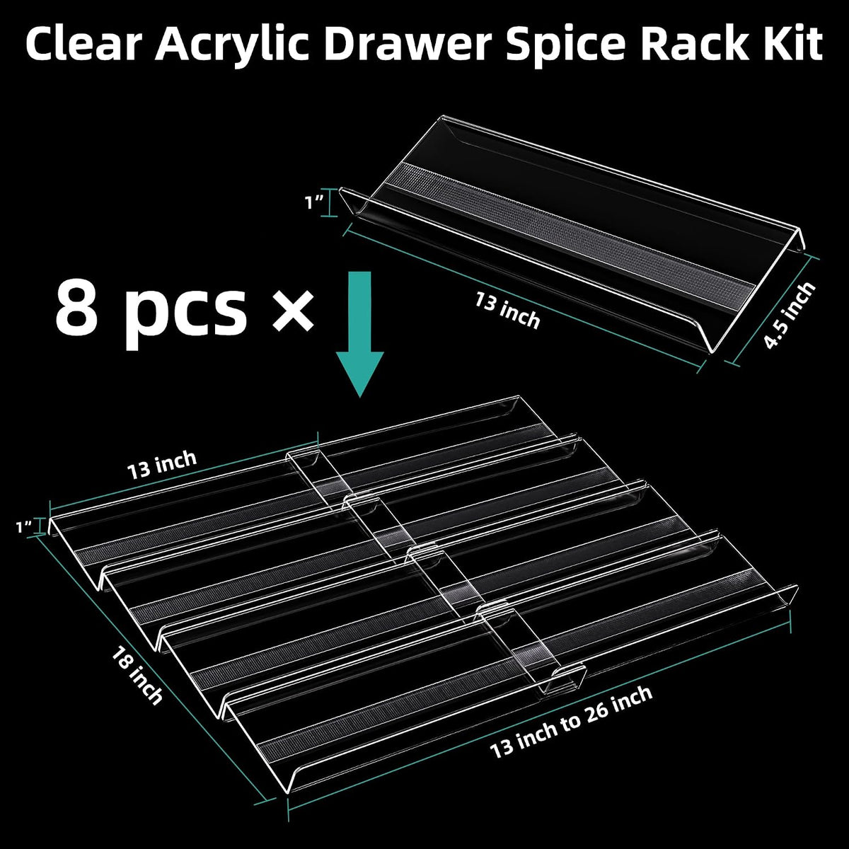 MIUKAA Acrylic Spice Drawer Organizer, 4 Tier - Seasoning Organizer for Drawer, Expandable From 13" to 26" Kitchen Drawer Spice Rack with Slip-Proof Mat (Jars not Included)